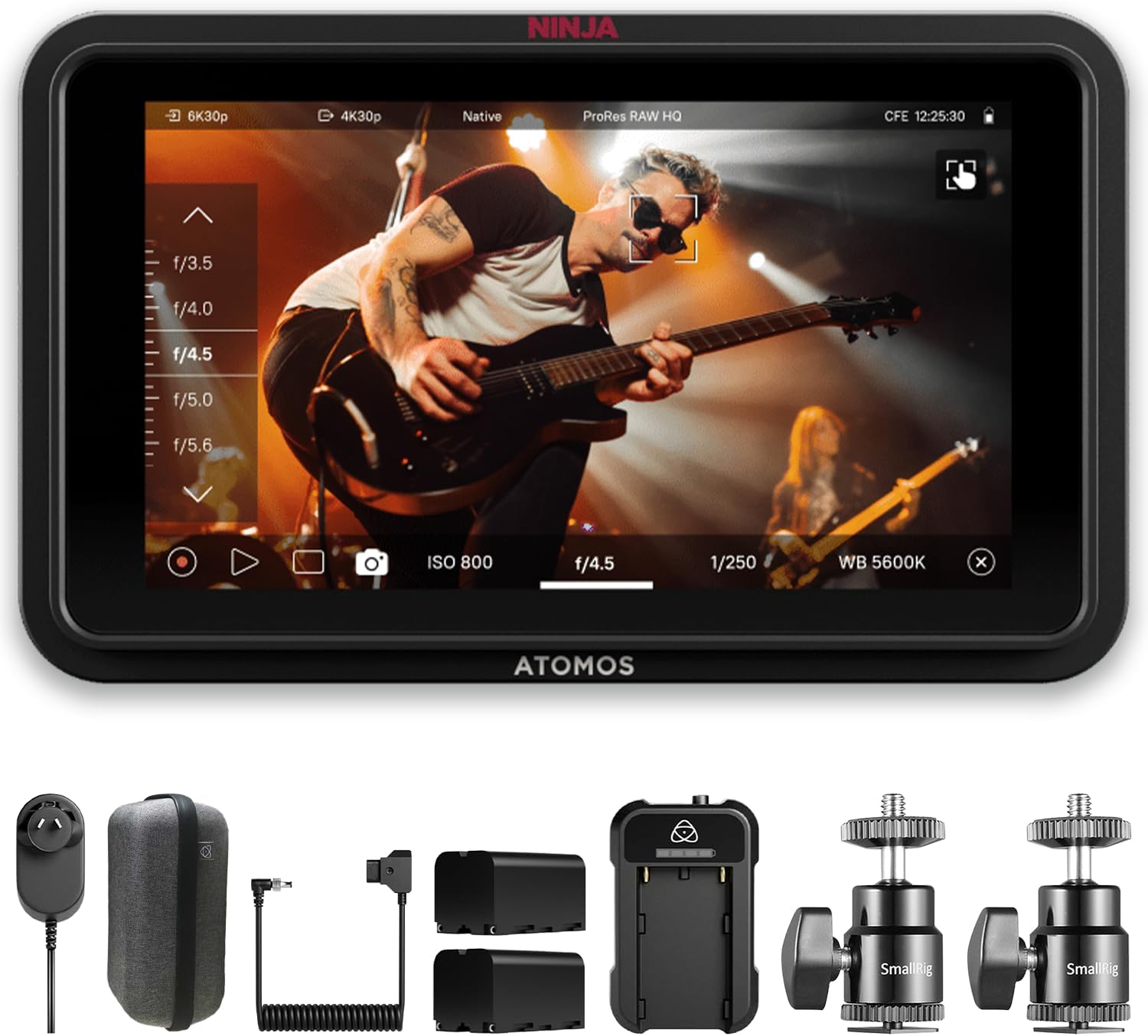 Atomos Ninja RAW Monitor/Recorder with Camera Control for HDMI & Mirrorless Cameras - 5 inch HDR Resolution with Universal Power Kit and Aluminum Alloy 1/4' Camera Hot Shoe Mount (2 Pack), Bundle Kit