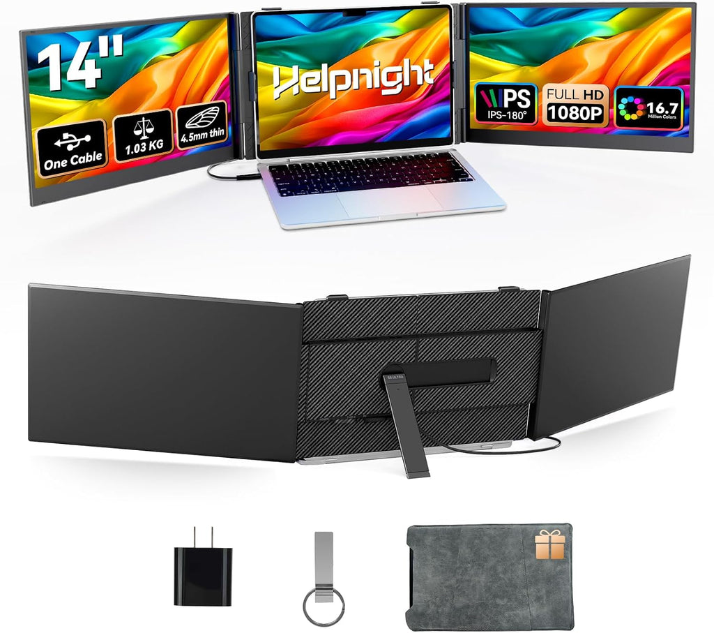 14' Laptop Triple Screen Extender Portable, One Cable Connection Laptop Monitor FHD 1080P IPS, Ultra Thin Dual Monitor for 13-17' Laptops, Plug & Play Compatiable with Win/Mac/Chrome/Android/Switch
