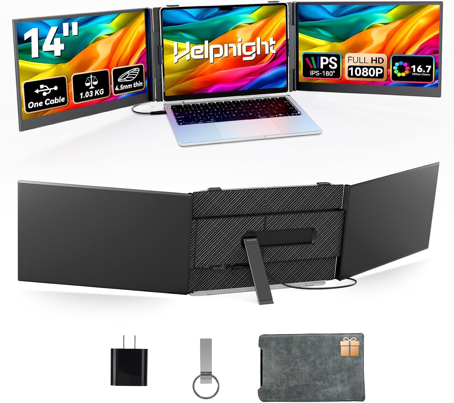 14' Laptop Triple Screen Extender Portable, One Cable Connection Laptop Monitor FHD 1080P IPS, Ultra Thin Dual Monitor for 13-17' Laptops, Plug & Play Compatiable with Win/Mac/Chrome/Android/Switch