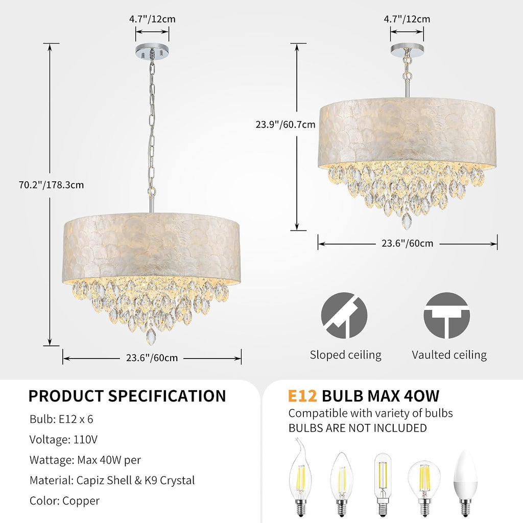 X-Large 6-Light Drum Capiz Shell K9 Crystal Chandelier, Coastal Style Pendant Light Fixture for Dining Room, Living Room, D24 * H24~70 inch (Adjustable), Clear Crystal & Chrome Finish