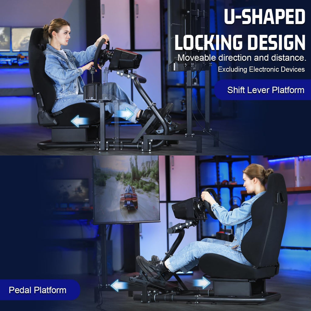 Marada Driving Racing Simulator Cockpit with Monitor Stand & Black Seat Fit for Fantec, for Logitech G923 G25 G920, for Thrustmaster T500 Wheel and Pedals Not Included
