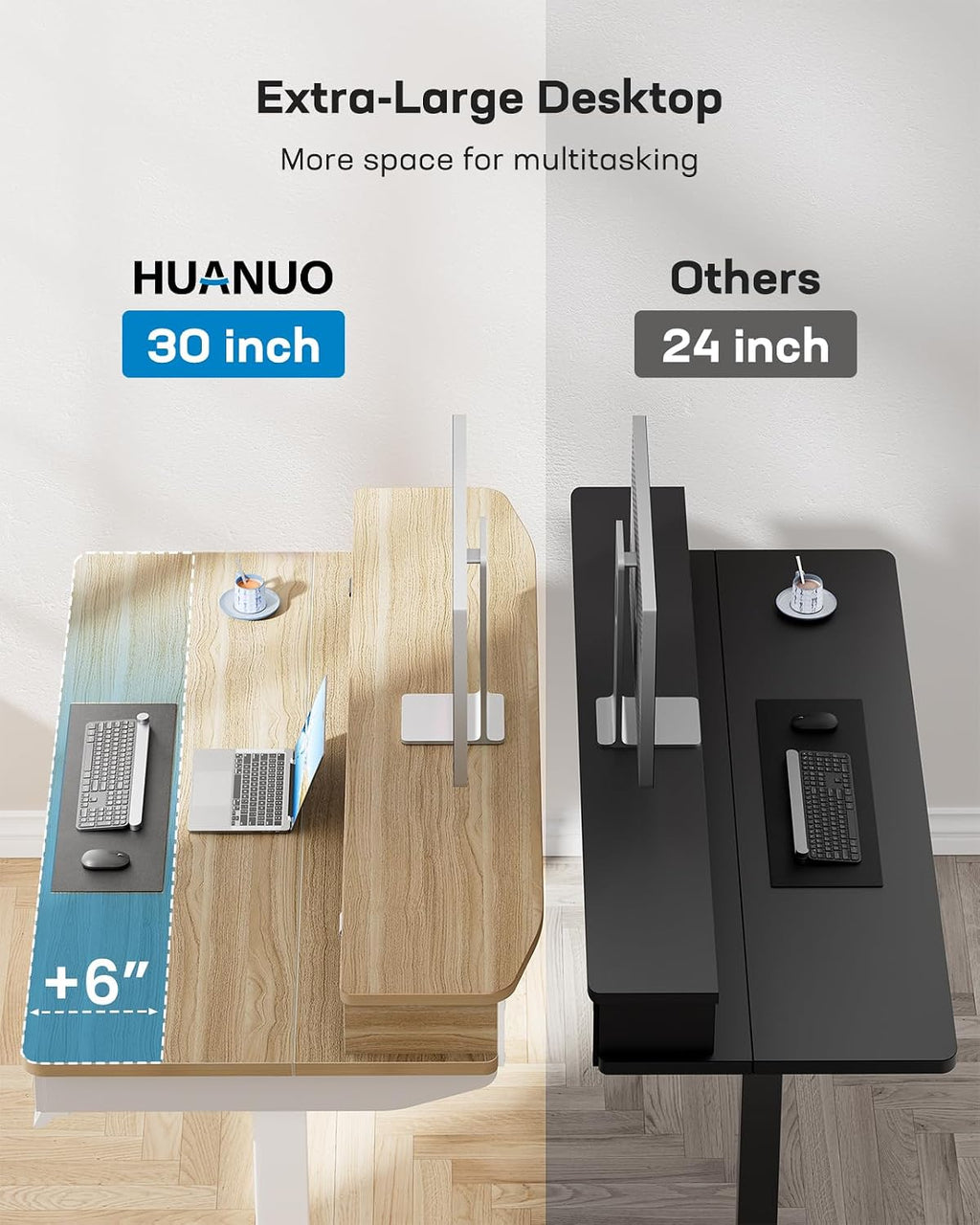 HUANUO 48 x 30 inch Electric Standing Desk with 4 Drawers, Adjustable Height Sit Stand Home Office Desk with Two Tiers, Ergonomic Adjustable Stand up Desk C-Clamp Monitor Mount Compatible, Natural