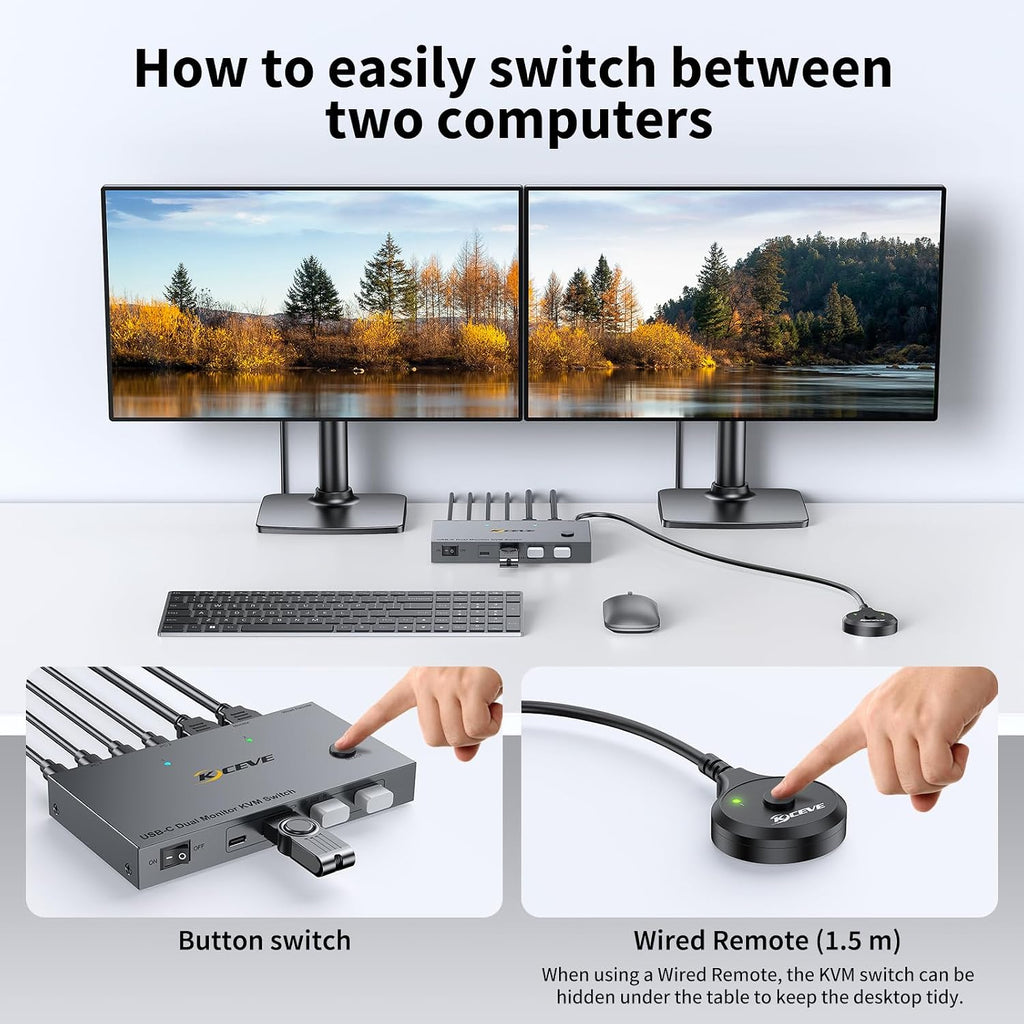 USB C KVM Switch for 2 Monitors 2 Laptops, Reyoten Dual Monitor USB Type-C KVM Switcher with PD Charging Function, Supports 4K@60Hz for 2 PCs, No Driver Required