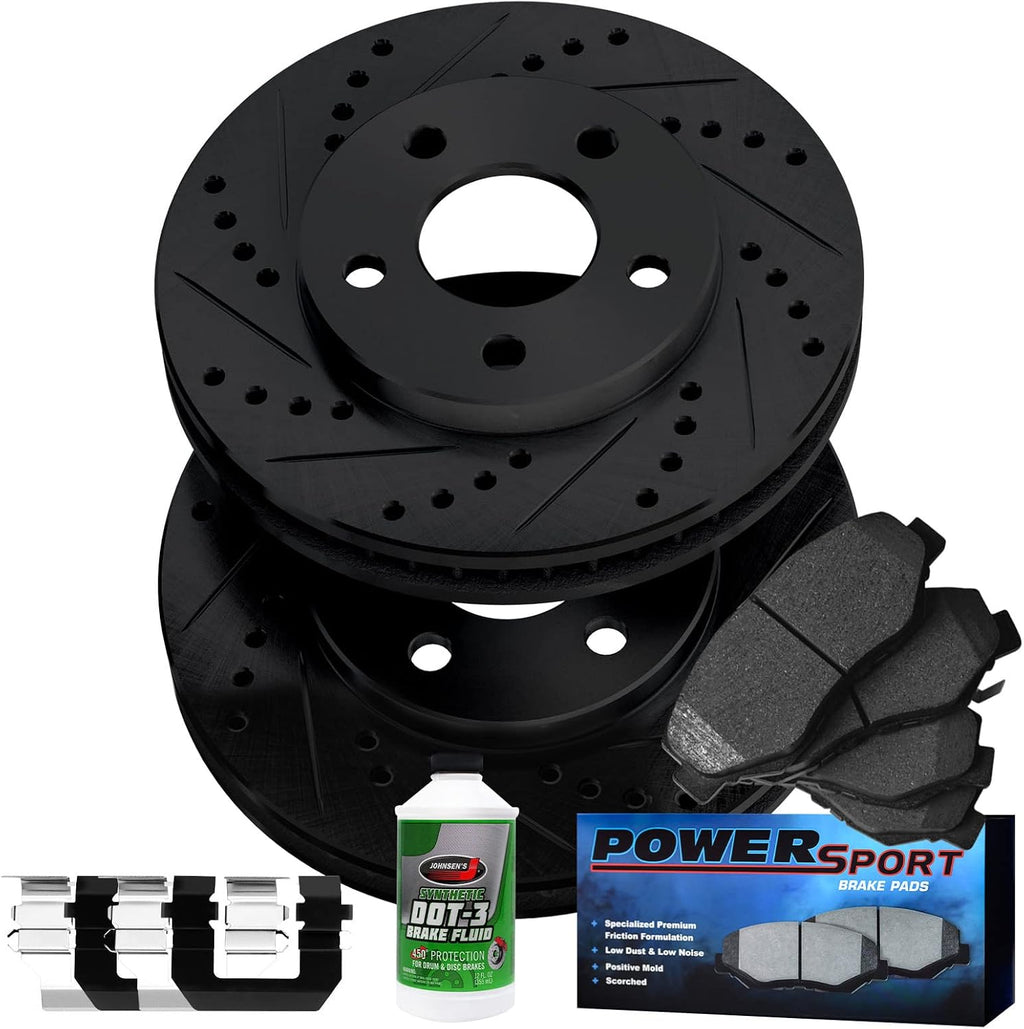 Power Sport Brake Kit For2007 Acura CSX; 2002-2006 Acura RSX; 2006-2011 Honda Civic| Drilled and Slotted Brake Rotors| Semi Metallic Brake Pads and Rotors Kit|Hardware included