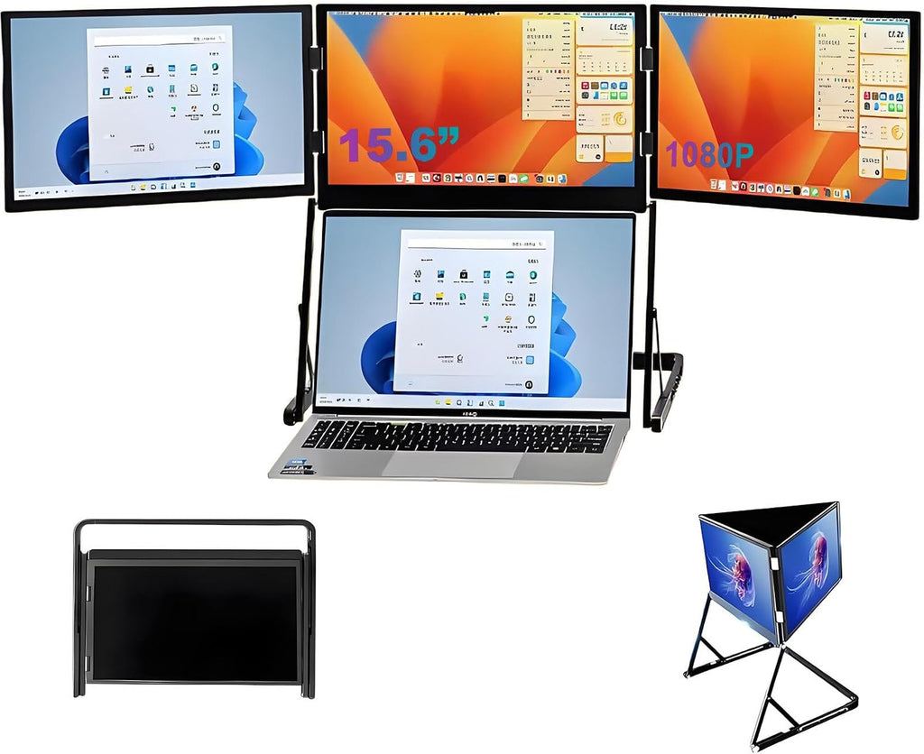 15.6' Laptop Screen Extender Monitor, 1080P FHD Triple Screen Monitor with 360° Adjustable Viewing Angles, HDMI/USB-C Attach & Play, External Monitor for Laptop with Windows and Macos