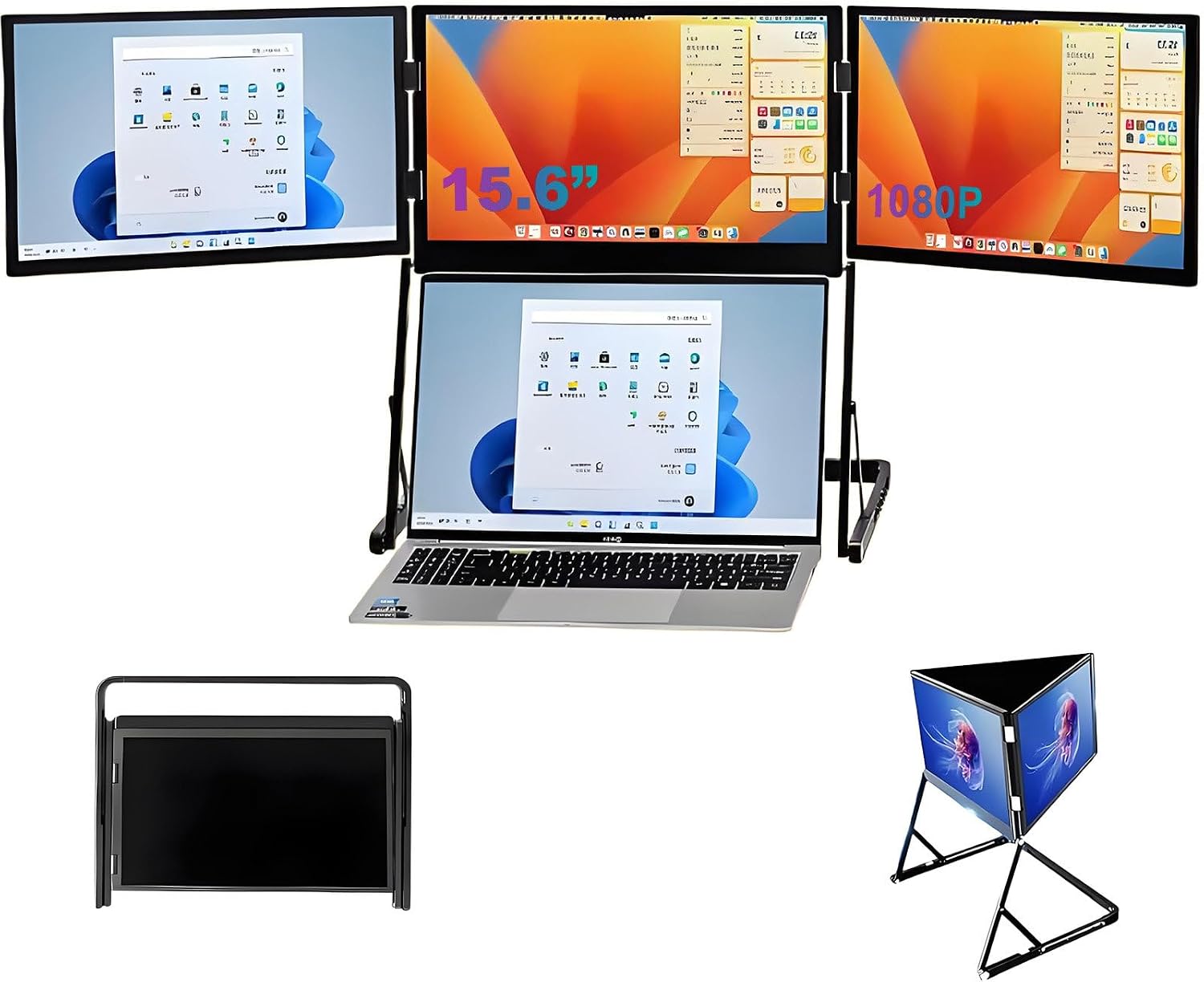 15.6' Laptop Screen Extender Monitor, 1080P FHD Triple Screen Monitor with 360° Adjustable Viewing Angles, HDMI/USB-C Attach & Play, External Monitor for Laptop with Windows and Macos
