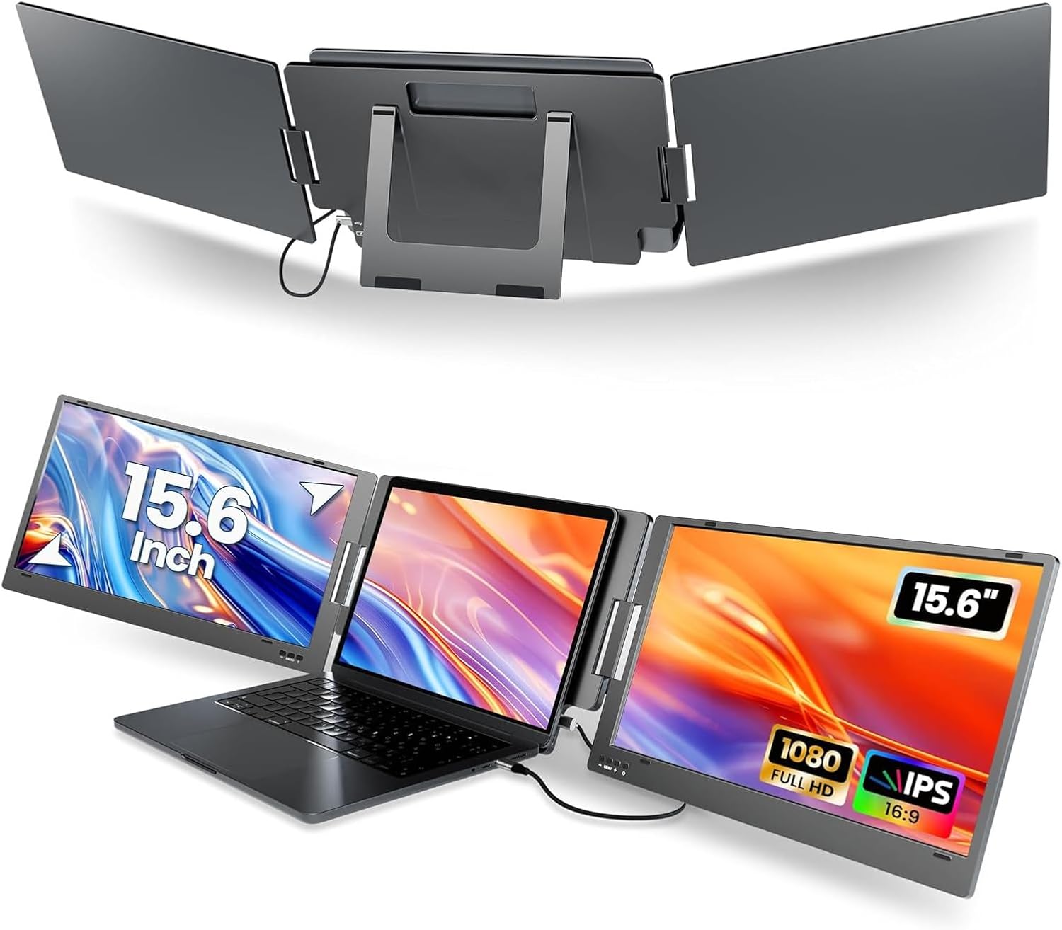 Laptop Screen Extender, 15.6' FHD 1080P IPS Portable Monitor Fit for 12-16', Laptop Monitor Extender Compatible with Mac, Wins, Chrome (15.6' Tri-Screen)