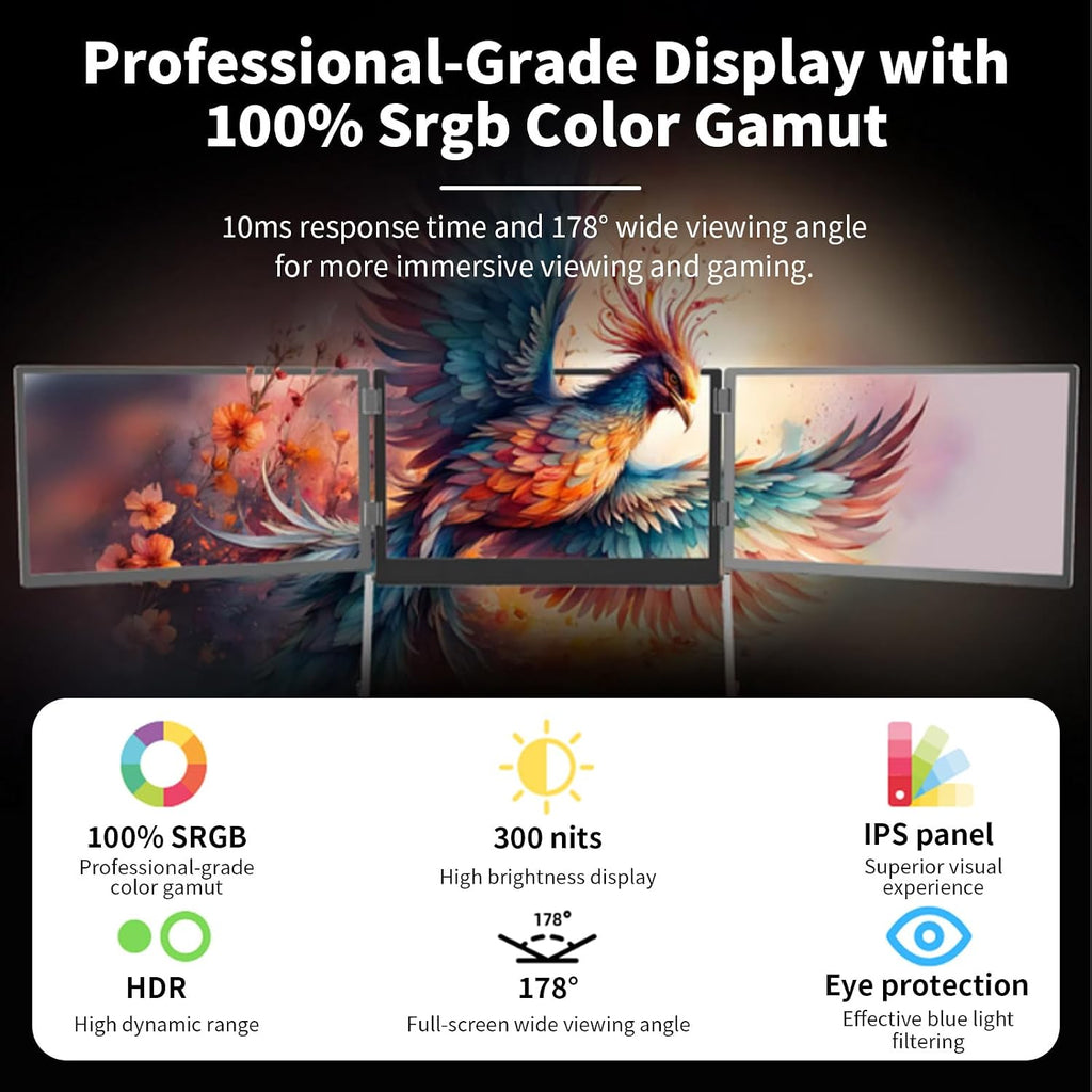 Laptop Screen Extender, 15.6' Fhd 1080p Laptop Monitor Extender, Stretchable Base and Detachable Screen, Triple Screen Extender Compatible with Windows, Mac