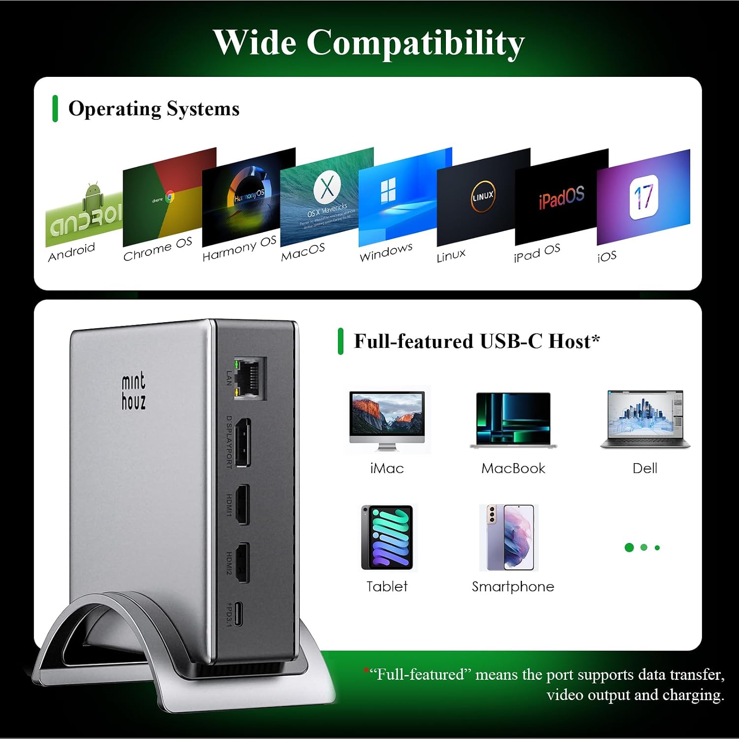 Minthouz USB-C Docking Station, PD3. 1 Docking Station, 3 Monitors with 4K@144Hz, 2×HDMI + DP, 140W PD Charge, USB-C 10Gbps, 2×USB-A 5Gbps, Gigabit Ethernet, Audio/Mic, for Chrome OS & Windows