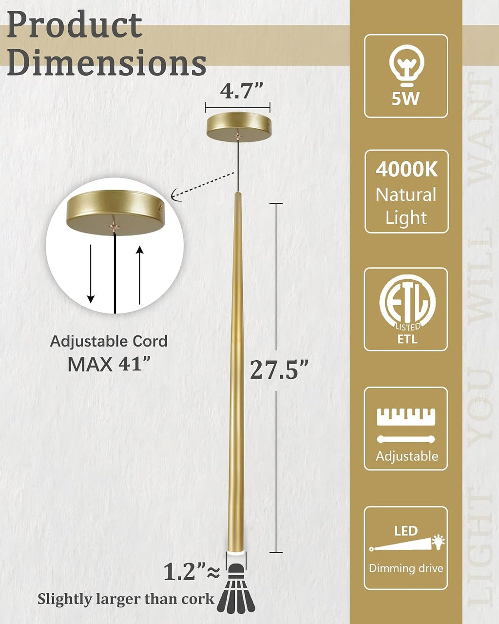 3 Pack Modern Brass Gold Pendant Lights, 27.5' Contemporary Tube Tapered Cylinder Hanging Light Fixture with Dimmable 4000K LED for Kitchen Island, Dining Room, Bar, Bathroom