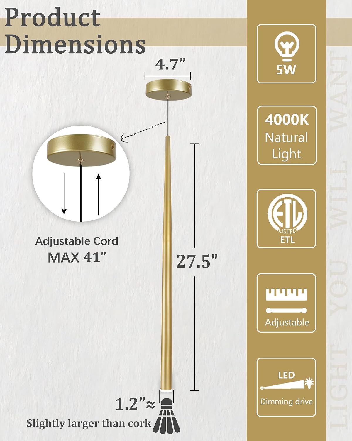 3 Pack Modern Brass Gold Pendant Lights, 27.5' Contemporary Tube Tapered Cylinder Hanging Light Fixture with Dimmable 4000K LED for Kitchen Island, Dining Room, Bar, Bathroom