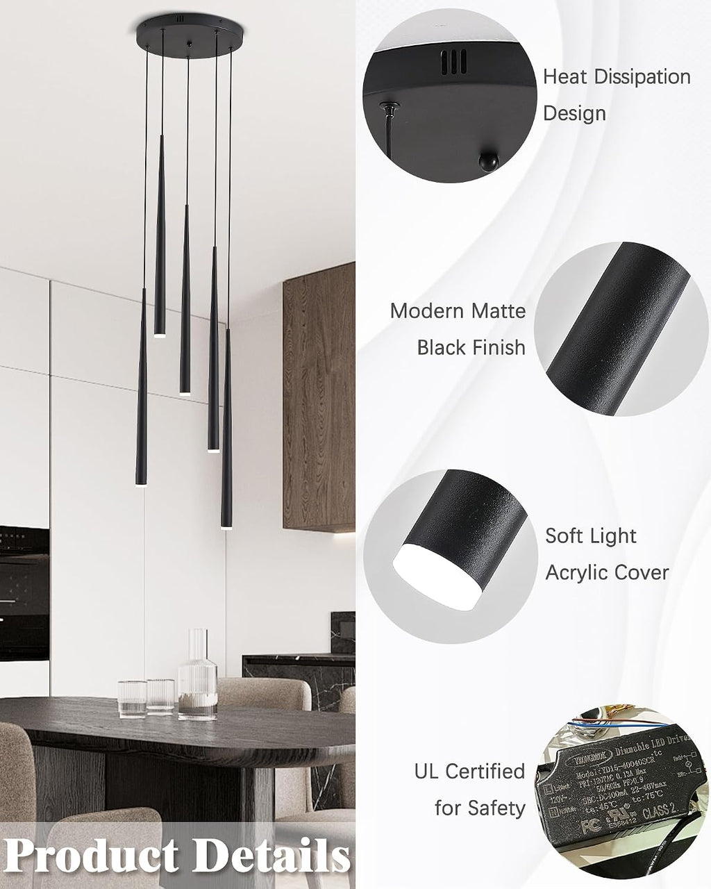5-Light Modern Black LED Chandelier, High Ceiling Chandelier for Staircase Entryway Foyer, Linear Dimmable Hanging Light Fixture with 3 Color Temperatures