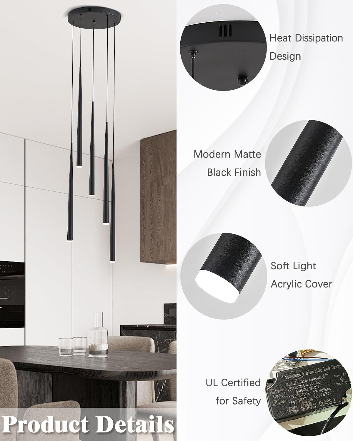 5-Light Modern Black LED Chandelier, High Ceiling Chandelier for Staircase Entryway Foyer, Linear Dimmable Hanging Light Fixture with 3 Color Temperatures