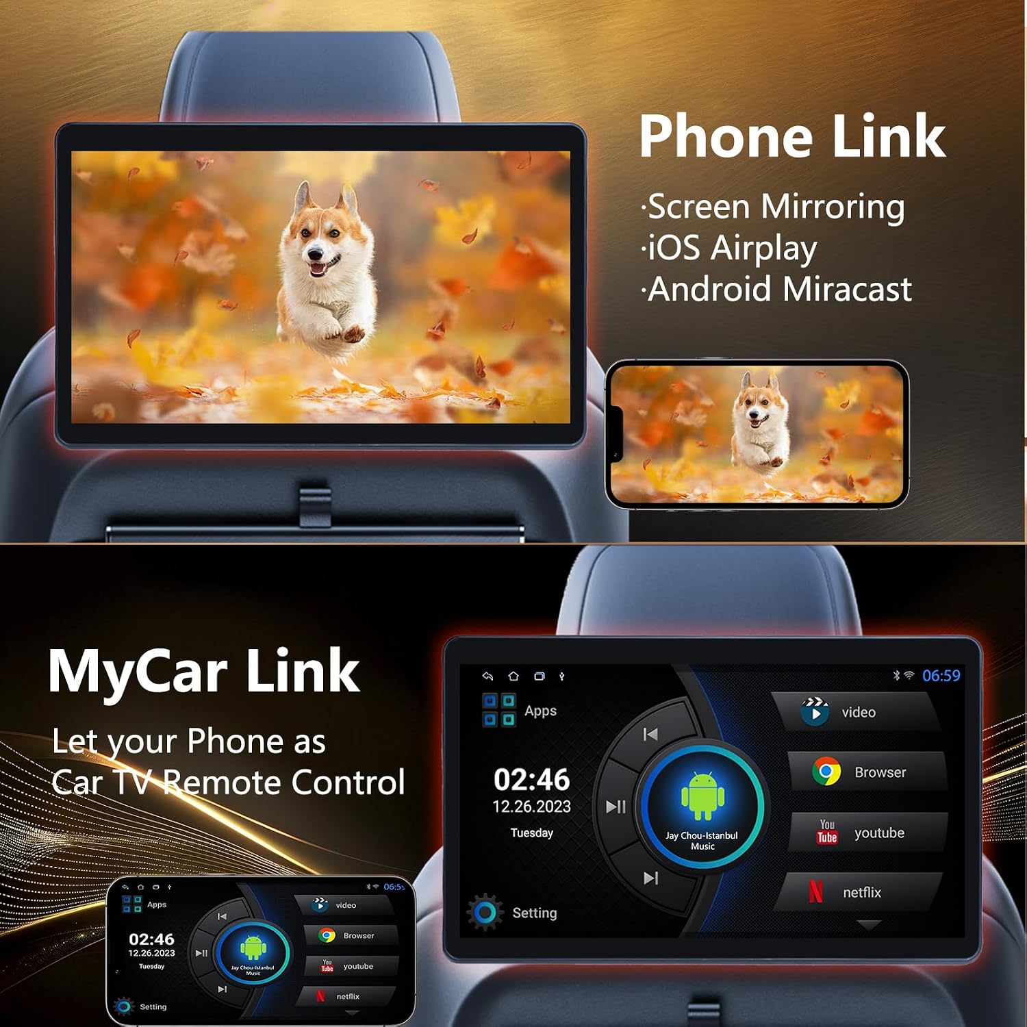 10.1' Car TV Headrest Monitor for Back Seat, 4K Android Tablet Portable Rear Entertainment System, Support Phone Wireless MirrorLink, with WiFi/HDMI/USB/Video Player, 2G+32G (2*PCS)