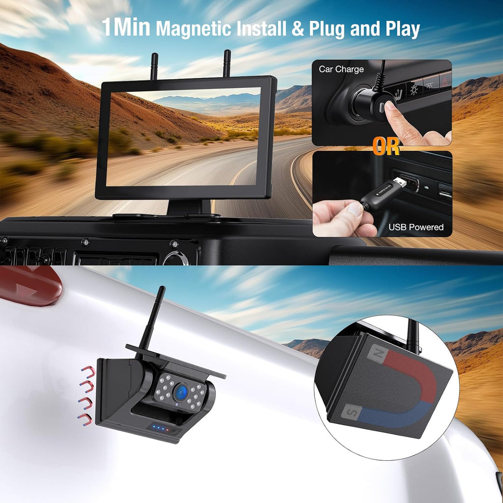 4 Magnetic Solar Wireless Backup Camera System, 9' IPS Touchscreen HD 1080P DVR Monitor Wireless Rearview Camera for Hitch Towing RV Camper Trailer 15000mAh Rechargeable Battery