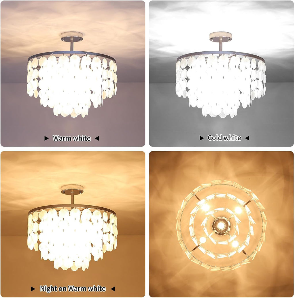 17.72' Capiz Shell Chandelier, 5 Light Chrome Dining Room Light Fixture, Modern Natural Coastal Seashell Chandeliers for Living Room Bedroom Foyer Bathroom (White Seashell Lighting Fixtures)