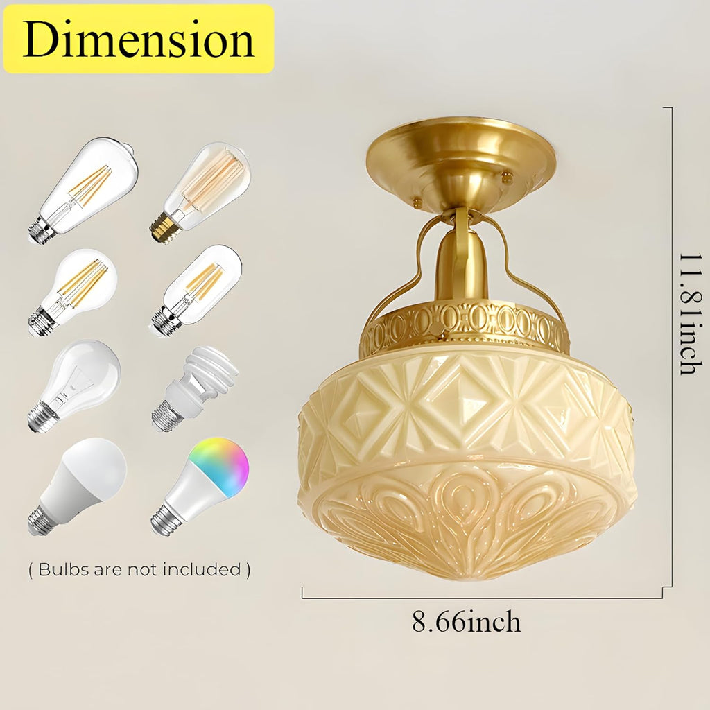 Bofea-Gold Semi Flush Mount Ceiling Light,Brass Light Fixture,Vintage Milk Yellow Glass Flush Mount Ceiling Lights,Hallway Light Fixtures,Mid Century Chandelier for Foyer Bedroom Bathroom