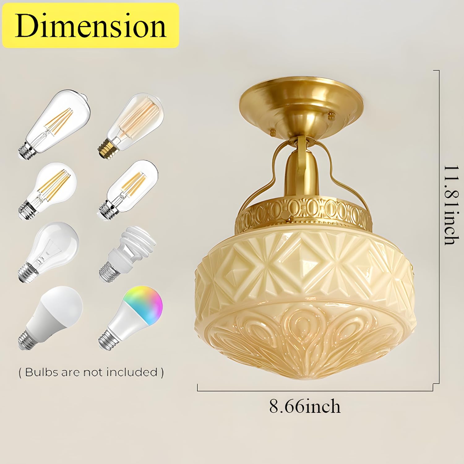 Bofea-Gold Semi Flush Mount Ceiling Light,Brass Light Fixture,Vintage Milk Yellow Glass Flush Mount Ceiling Lights,Hallway Light Fixtures,Mid Century Chandelier for Foyer Bedroom Bathroom