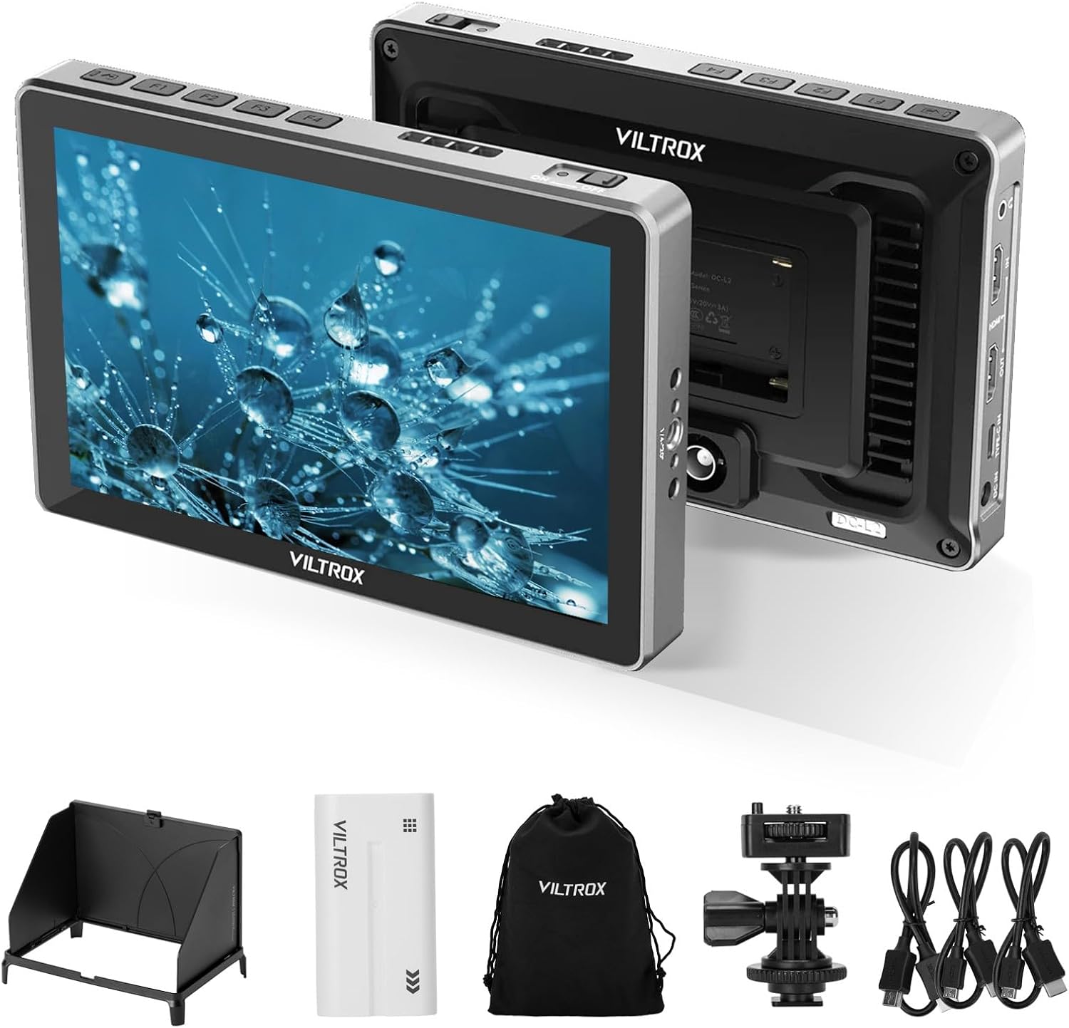 VILTROX DC-L2 7' Touchscreen Camera Field Monitor, 4K 60Hz SDI+HDMI Input/Output, 1280x800 600 Nits Brightness Camera Monitor with Waveform, Peaking, False Color, 3D LUT, Sunshade Hood, Battery