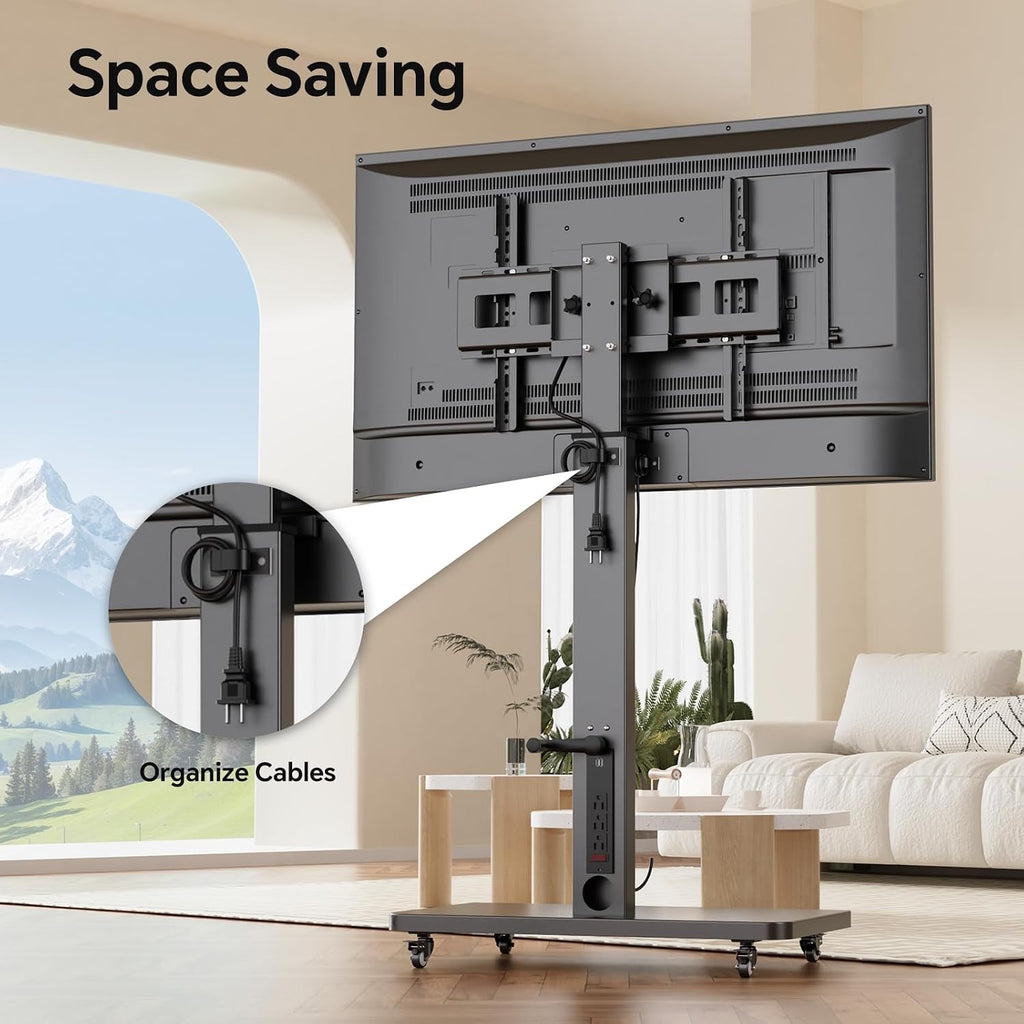 Mobile TV Stand with Power Outlet, Height Adjustable with Handle Stepless Lift,Rolling TV Stand for 32-75inch TVs with 90 Rotating,Portrait to Landscape,TV Cart with Wheels Holds up to 110lbs (Black)