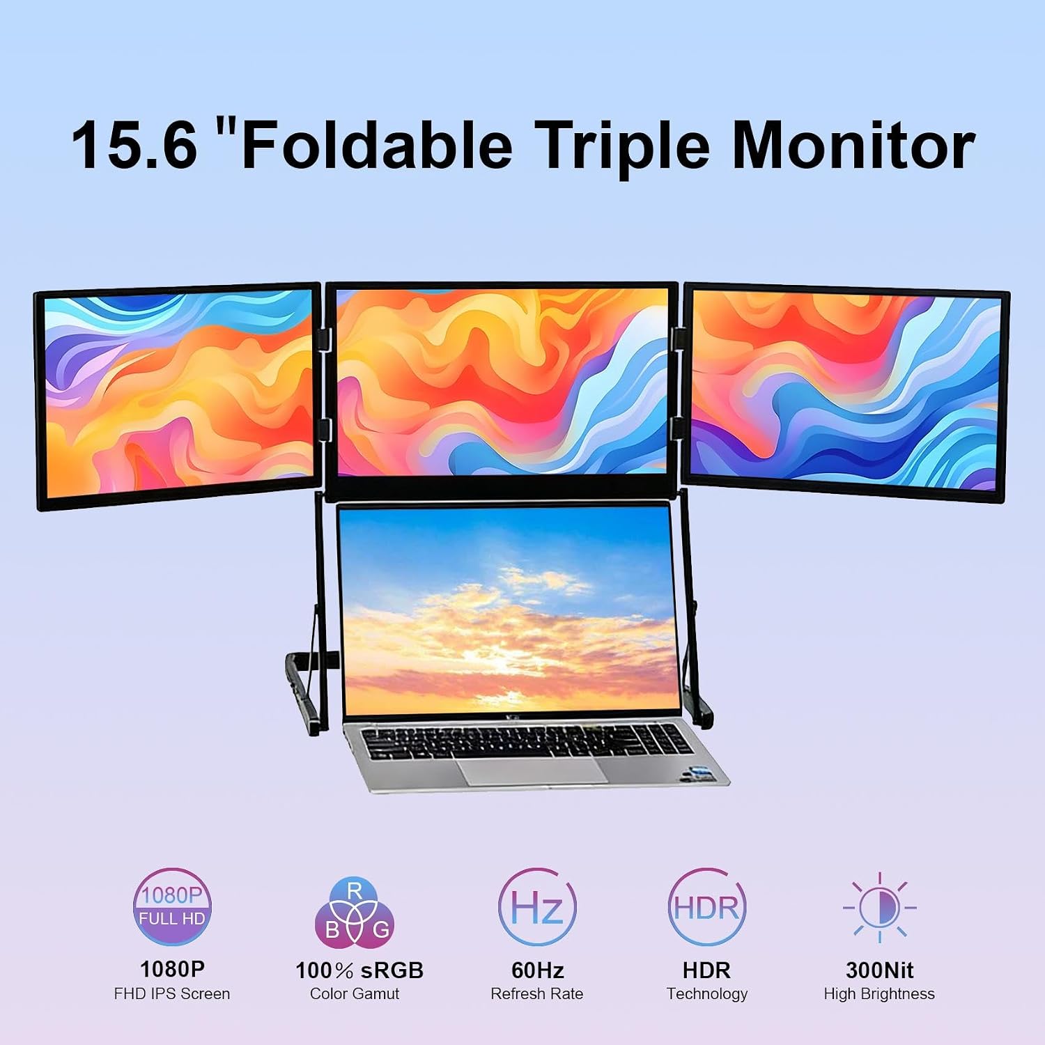 VSDISPLAY 15.6 Inch Portable Triple Monitor for Laptop 3 Screens Quad Monitor 1920x1080 IPS Laptop Screen Extender USB-C Displays Foldable
