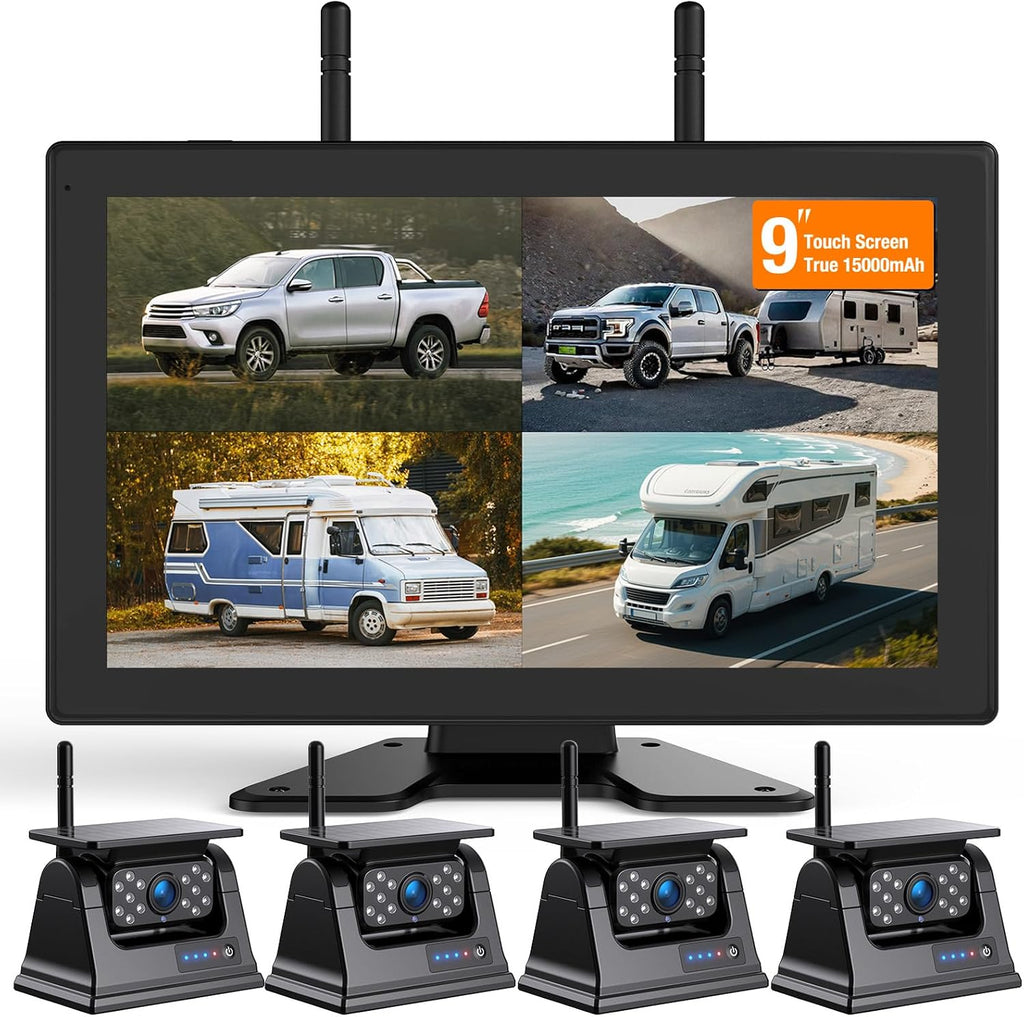 4 Magnetic Solar Wireless Backup Camera System, 9' IPS Touchscreen HD 1080P DVR Monitor Wireless Rearview Camera for Hitch Towing RV Camper Trailer 15000mAh Rechargeable Battery