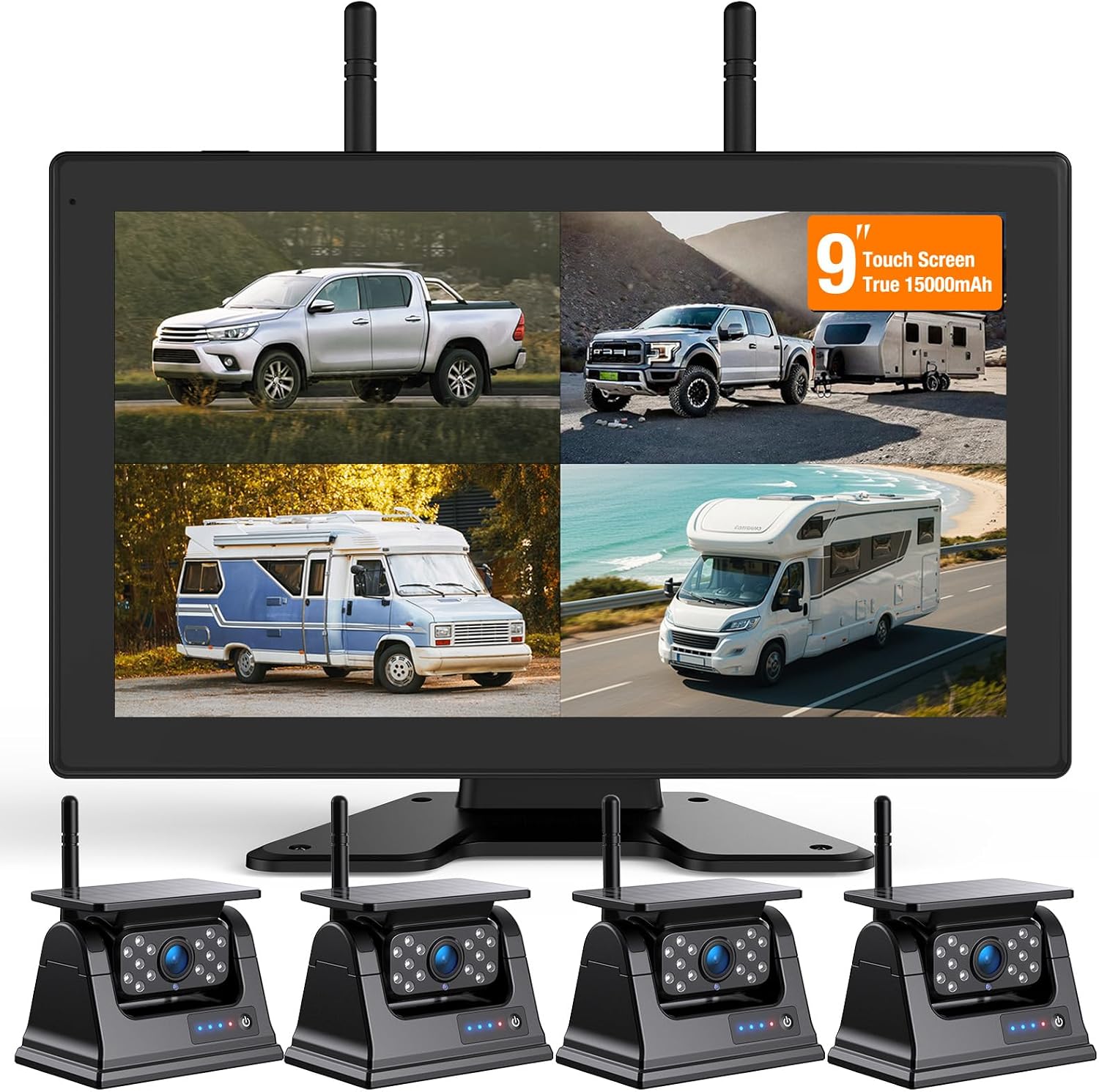 4 Magnetic Solar Wireless Backup Camera System, 9' IPS Touchscreen HD 1080P DVR Monitor Wireless Rearview Camera for Hitch Towing RV Camper Trailer 15000mAh Rechargeable Battery