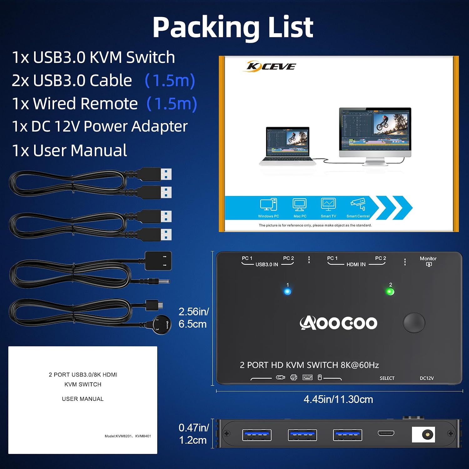 HDMI KVM Switch 2 Computers 1 Monitors, 8K@60Hz/4K@120Hz Monitor KVM Switch 2 Port for 2 PCs Share 1 Monitor, with 3 USB3.0 Ports, USB Cables and Power Adapter (8K HDMI 2 in 1 Out KVM)