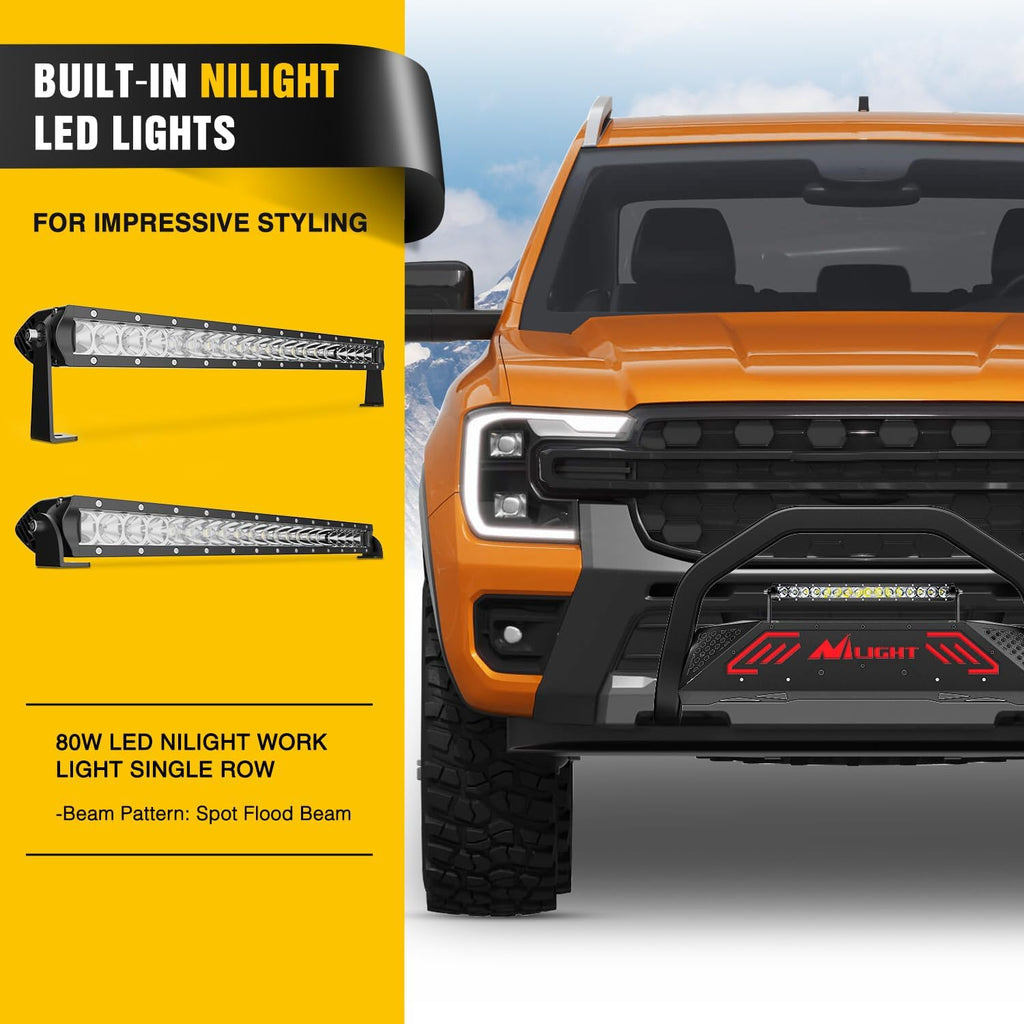 Nilight Bull Bar&License Plate Hole with LED Light Bar Compatible with Ford Ranger 2019 2020 2021 2022 2023 2024 2025 2026 Truck Brush Guard, Front Bumper Push Bar w/Grille Skid Plate Light Mount