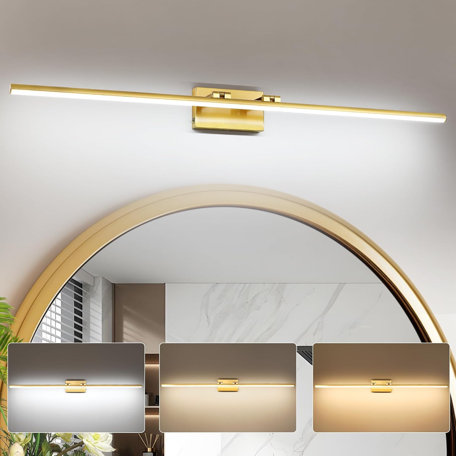 LED Bathroom Vanity Light, Modern Bathroom Light Fixture Over Mirror (3000K/4000K/6000K, Dimmable), Vanity Light Bar with Angle Adjustable, 48 Inch, Brass