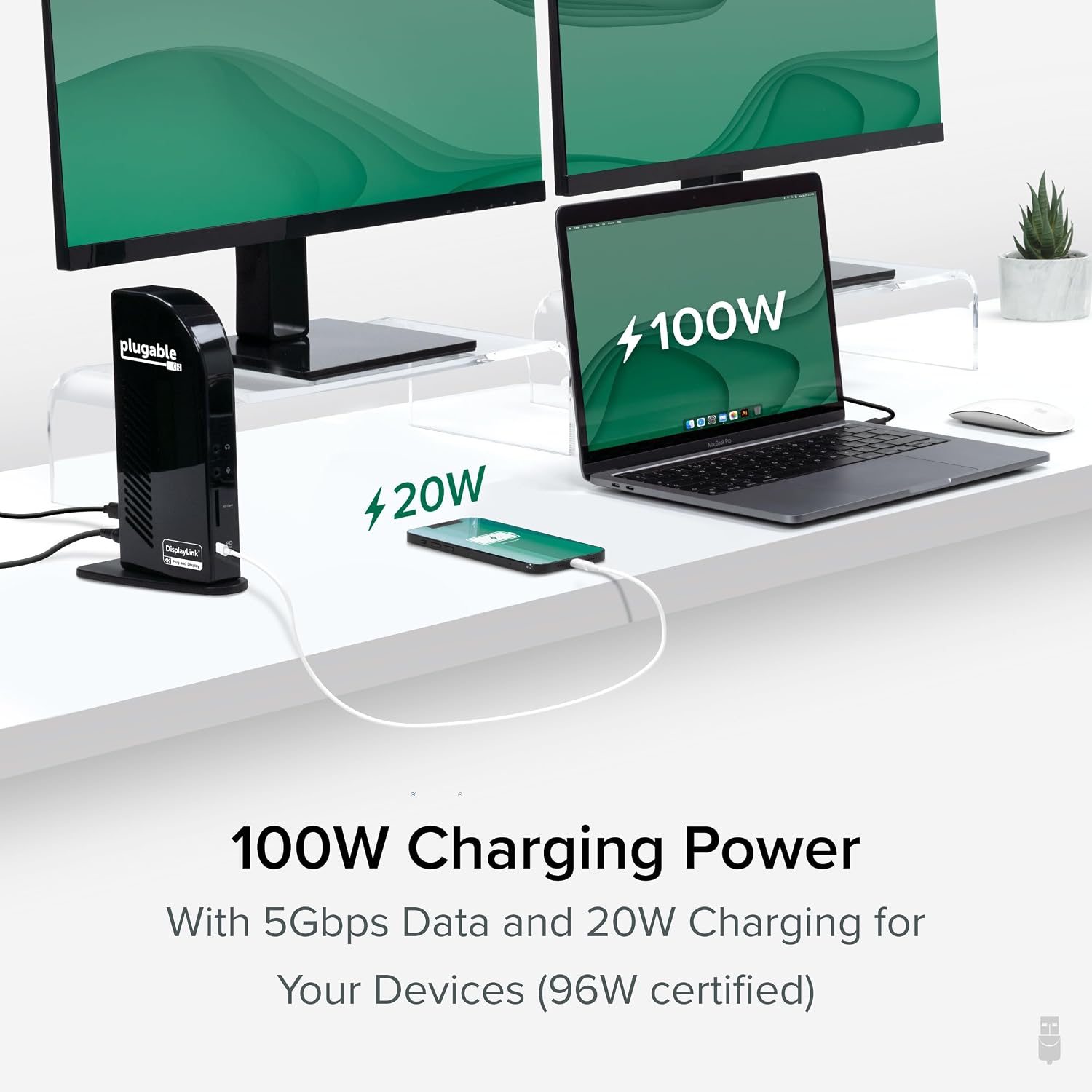 Plugable Docking Station Bundle – 13-in-1 USB-C Triple Display Dock + High-Performance USB-C Cable, 100W Host Charging, 3 HDMI, 4 USB, Ethernet, SD - for Mac, Windows, Chrome