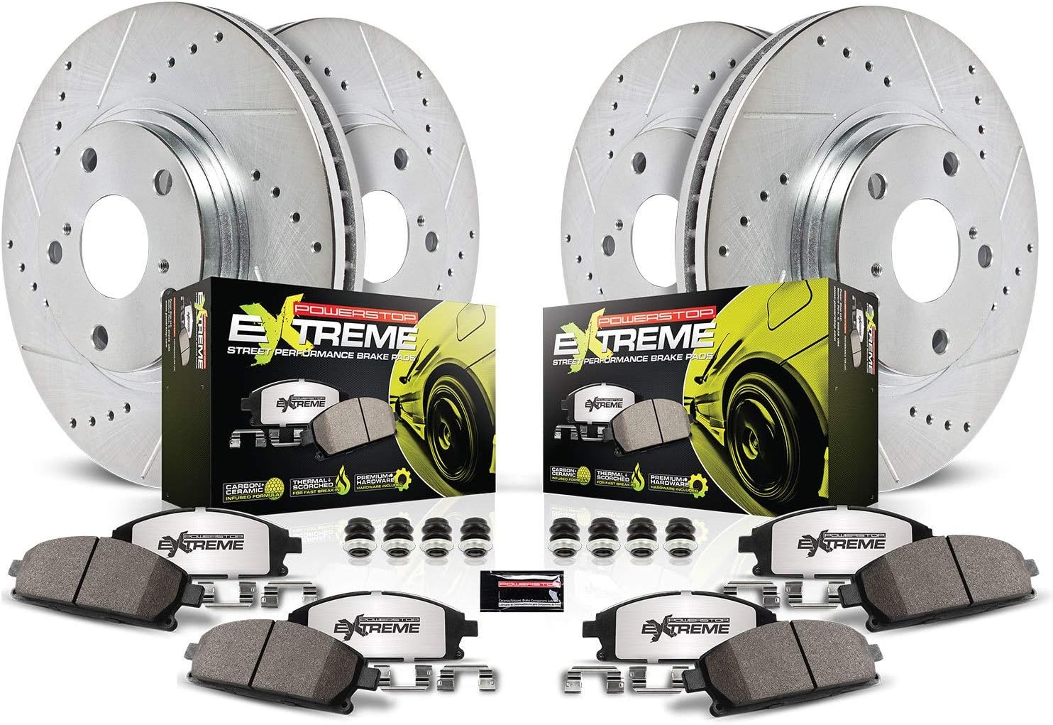 PowerStop Front and Rear Brake Kit for Honda Civic 2006-11 - Carbon-Fiber Ceramic Z26 Brake Pads + Drilled & Slotted Rotors Upgrade, K2440-26