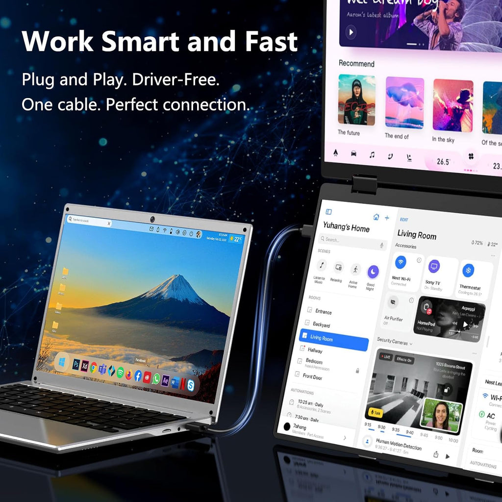 Dual Portable Monitors, 16'/1200P/FHD Foldable Laptop Screen Extender, All-Metal, Ultra Slim, Plug & Play, Extend/Mirror/Splicing/Flip Mode, USB-C/HDMI, Low Blue Light, Speakers, for Win/Mac