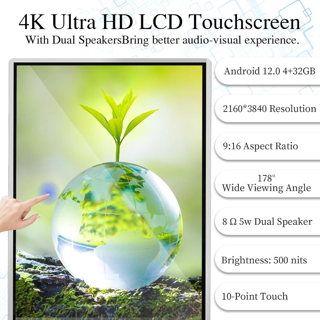43' 4K LCD Touchscreen Digital Signage Display, Indoor Floor Standing Advertising Kiosk, Commercial Digital Signage Player, HDMI WiFi Bluetooth Input Auto AD Player, 4+32GB Android 14.0 Black