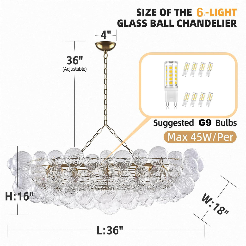 Nordic Bubble Ball Swirled Glass Chandelier, 36' Long Rectangular Chandeliers Island Light Fixture Gold and Clear Blown Glass Large Pendant Light Fixture for Bedroom Study Restaurant Dining Table