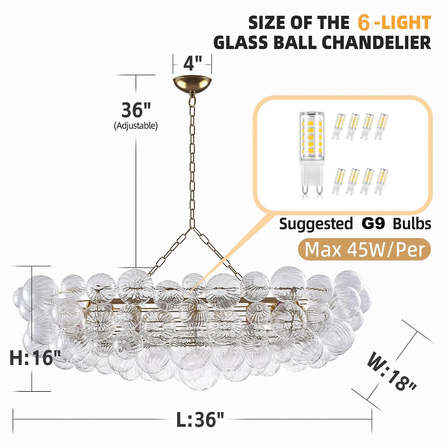 Nordic Bubble Ball Swirled Glass Chandelier, 36' Long Rectangular Chandeliers Island Light Fixture Gold and Clear Blown Glass Large Pendant Light Fixture for Bedroom Study Restaurant Dining Table