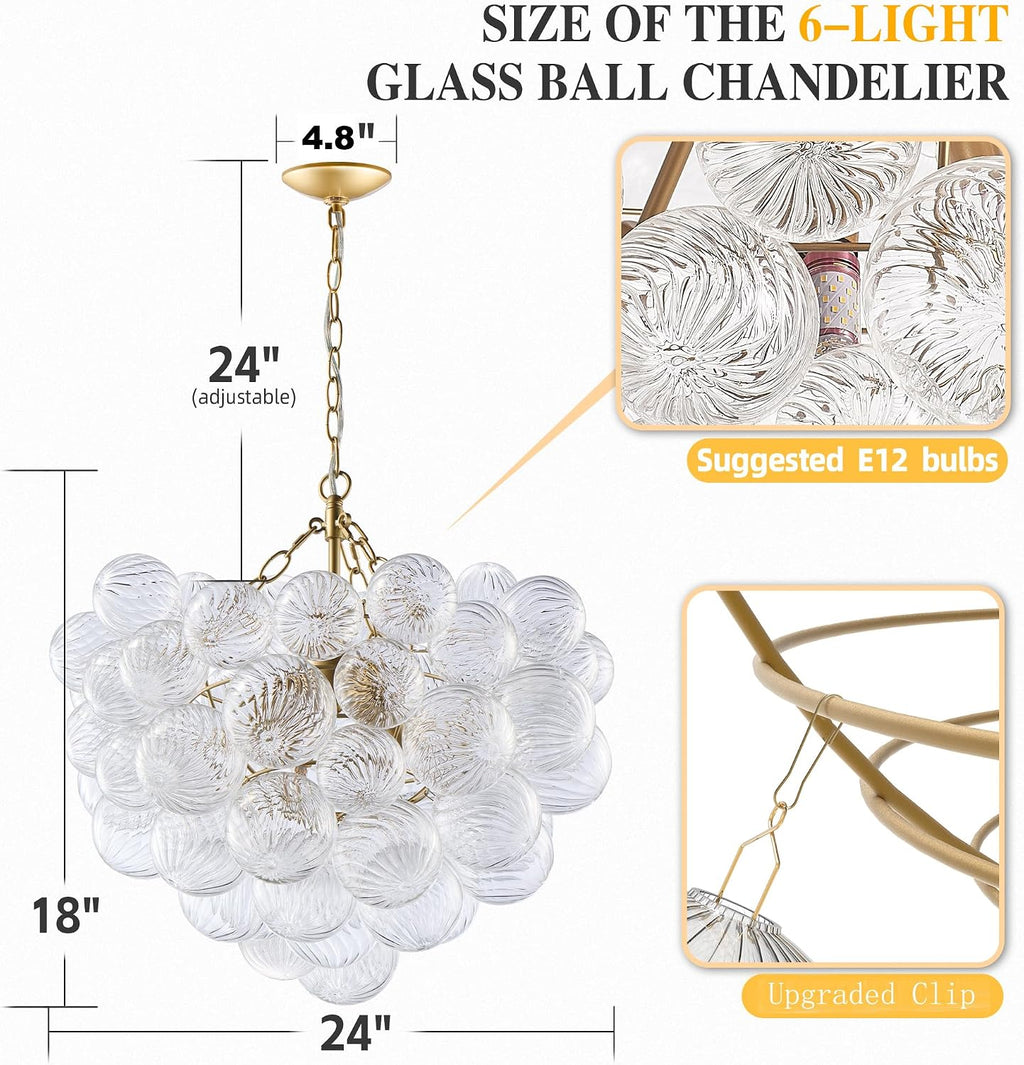 Longree Nordic Bubble Ball Swirled Glass Chandelier, Diam 24 inch Gild Gold and Clear Blown Glass Hanging Pendant Light Fixture for Bedroom Study Restaurant