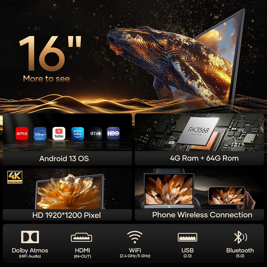 WONNIE 16' Car TV for Back Seat, 4K Android Headrest Monitor for Car, 4G+64G Portable Rear Entertainment System, Support Phone Wireless Mirror Link Touch Screen, WiFi/Bluetooth/HDMI/USB/Video Player
