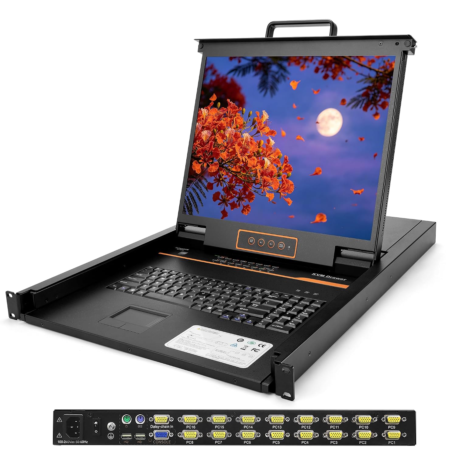 1U Rack Mount KVM Console Built-in 16 Port VGA KVM Switch, 19' Rackmount Monitor, Keyboard and Touchpad,OSD/Hotkey/Button Switching,1280X1024@60Hz, 5:4 Aspect Ratio,Incl. VGA KVM Cables, Fits 19' Rack