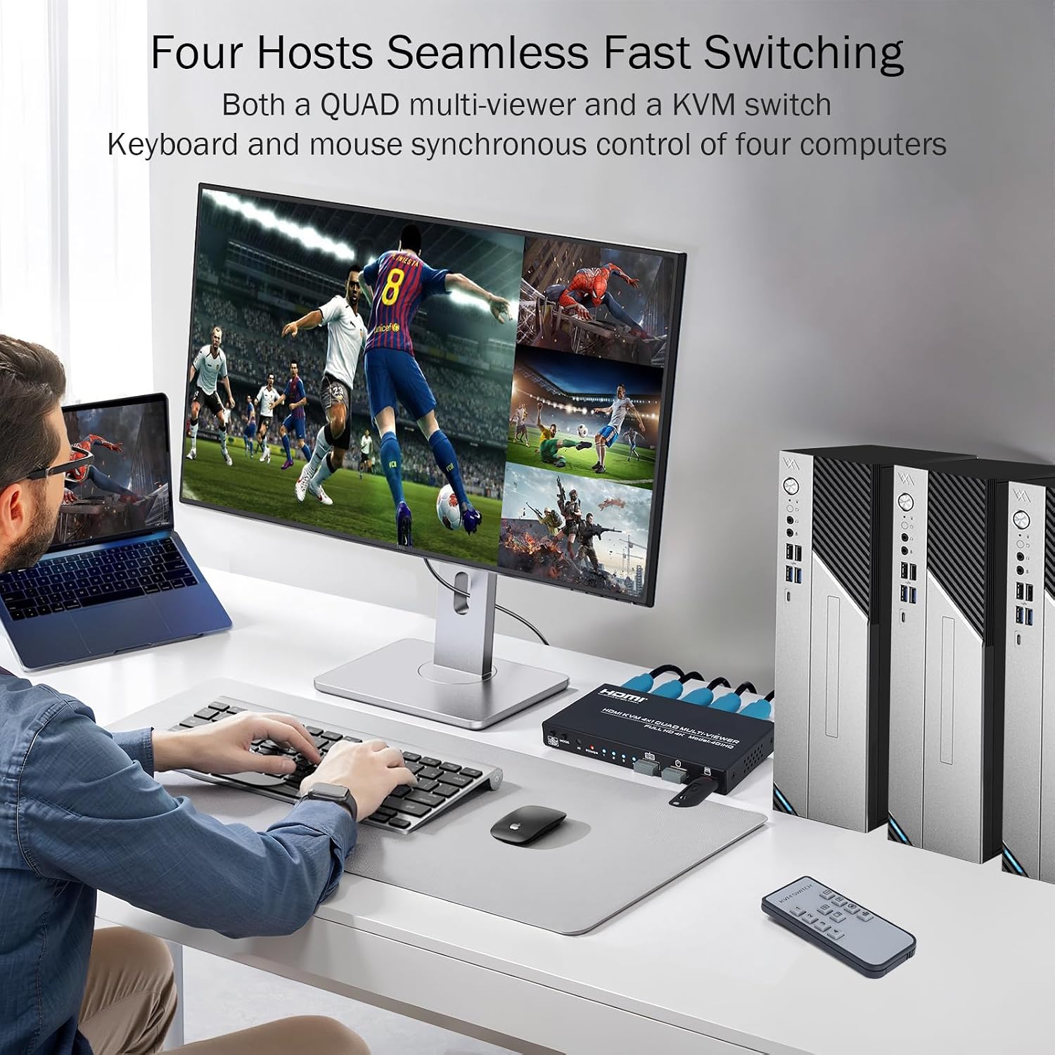 4 Port HDMl KVM Multiviewer 4K@30Hz, 4x1 Quad Multi Viewer Seamless Switcher 4 in 1 Out Support 4K 1080P 720P, 6 Viewing Modes with Keyboard Hotkey Switch and IR Remote