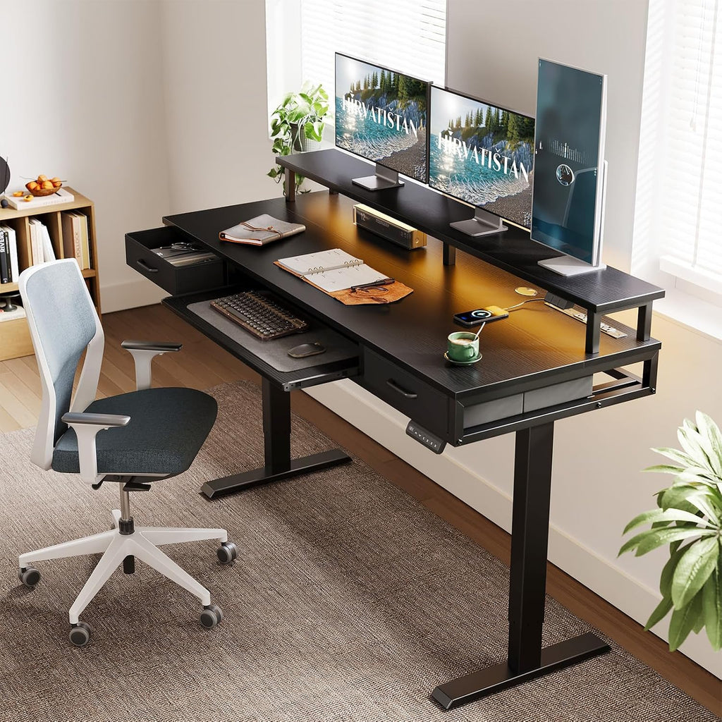 AODK Electric Standing Desk with Drawers & Keyboard Tray, 63 Inch Height Adjustable Gaming Desk with Power Outlets & LED Lights, Sit Stand Table with Monitor Stand for Home, Office, Black