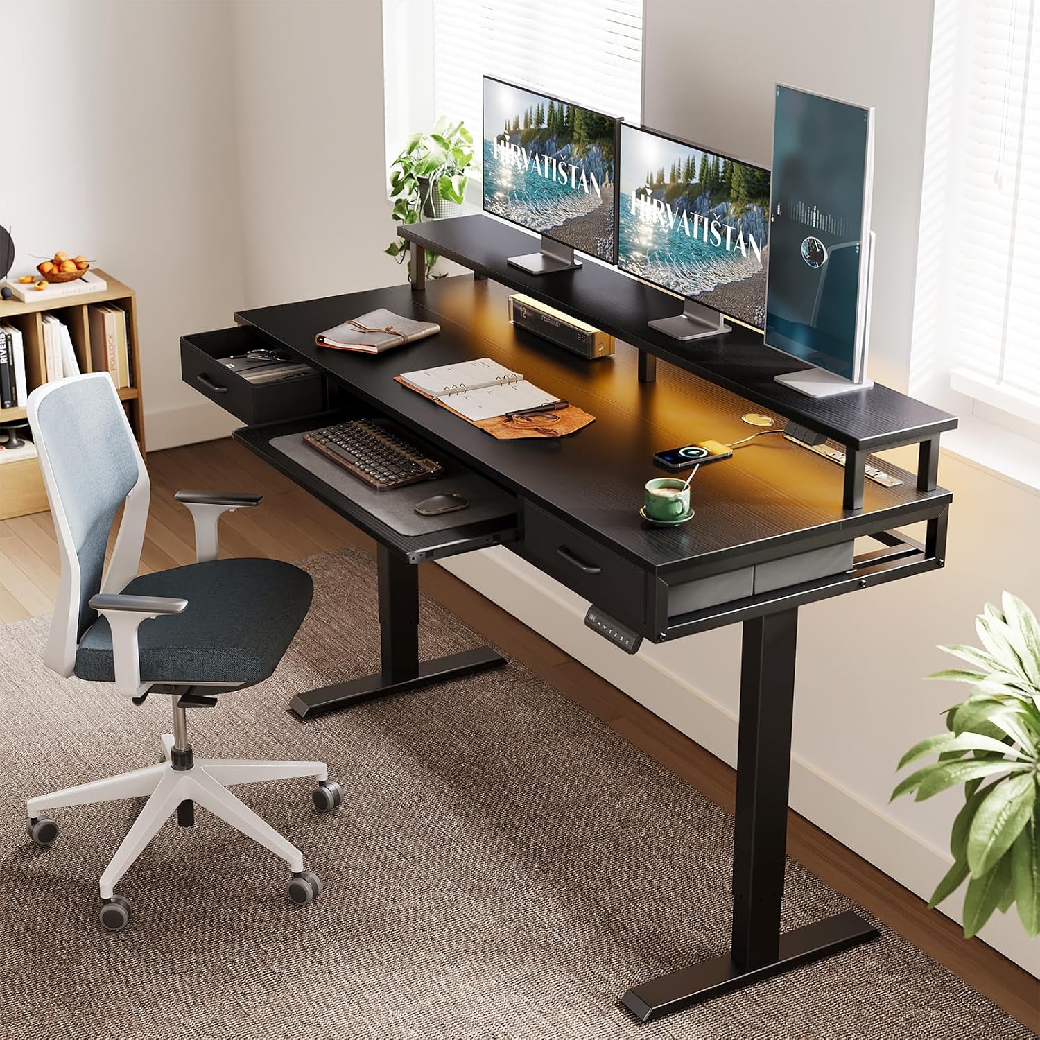 AODK Electric Standing Desk with Drawers & Keyboard Tray, 63 Inch Height Adjustable Gaming Desk with Power Outlets & LED Lights, Sit Stand Table with Monitor Stand for Home, Office, Black