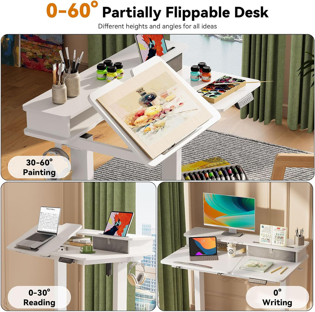 White Standing Desk，60° Tiltable Height Adjustable Electric Rising Desk，40Inch Foldable Mobile Laptop Table with Shelf,Monitor Stand, Drawer ,Flippable Drafting Workstation on Wheels for Kids' Drawing
