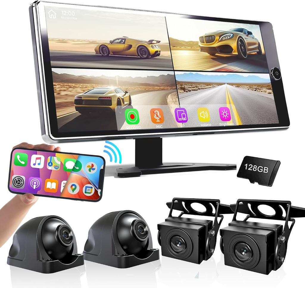 ASLONG 10.36' Wireless CarPlay Screen for Car & 4K 4CH Dash Cam with Android Auto, Portable HD Touchscreen Car Stereo with 1080P Backup Camera, GPS Navigation Mirror Link for Semi Trailer Truck
