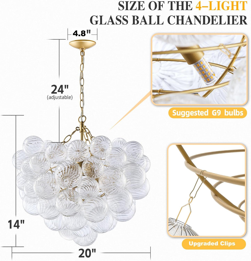 Longree Nordic Bubble Ball Swirled Glass Chandelier, Dia 20 inch Gild Gold and Clear Blown Glass Small Pendant Light Fixture for Bedroom Study Restaurant