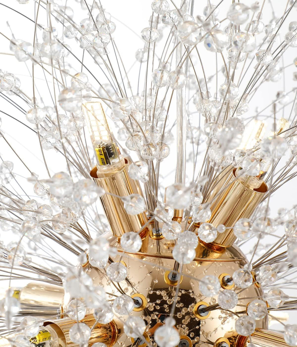 Firework Gold Crystal Chandelier, 9-Light Dandelion Chandelier Lighting for Dining Room, 19.6' Modern Sputnik Pendant Light for Bedroom Kitchen Island