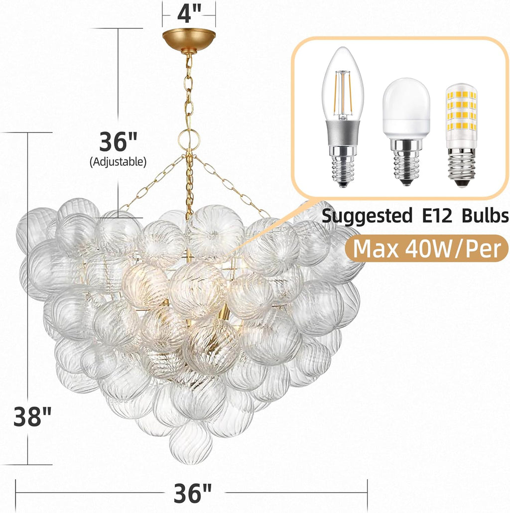 Longree Nordic Bubble Ball Swirled Glass Chandelier, Dia 36 inch Gild Gold and Clear Blown Glass Large Pendant Light Fixture for Bedroom Study Restaurant Entry Room