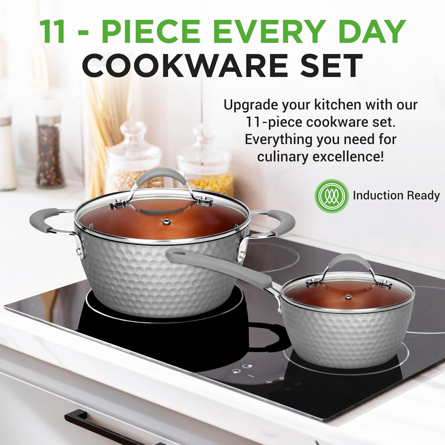 NutriChef 11 Piece Nonstick Ceramic Cookware Set - Pots and Pans Set with Ergonomic Handles, Induction Ready, Includes Saucepan, Dutch Oven, Large & Small Fry Pans