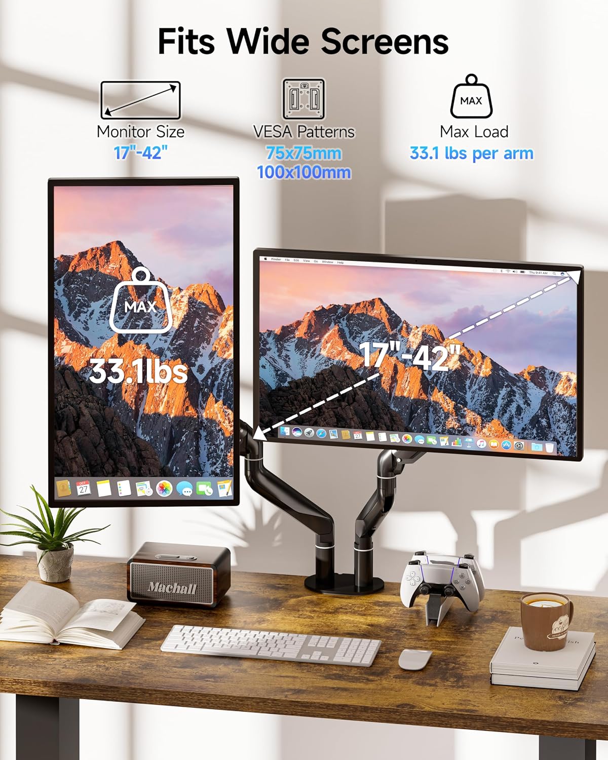 BIZUM Dual Monitor Stand for 17″-42', Heavy Duty Ultrawide Monitor Arm Dual-Monitor Mount VESA Mount with Clamp/Grommet Base, Holds 33.1lbs per Arm, Black