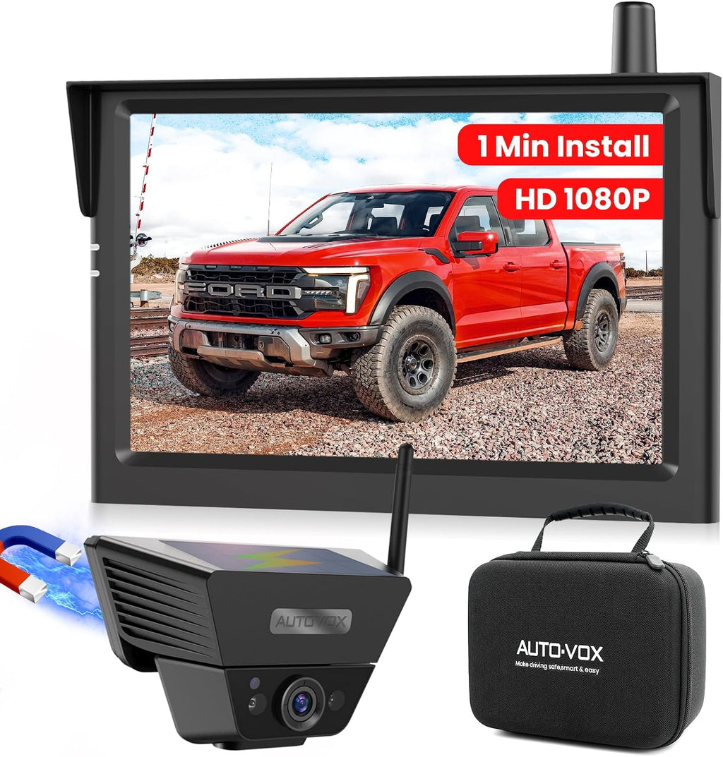 AUTO-VOX Wireless Backup Camera Solar Magnetic: 1-Min DIY Install, 5' 1080P Hd Dual Channel Monitor, Protective Carry Case, Stable Signal, IP69 Waterproof Back Up Systems Camera for Truck,Car,Trailer